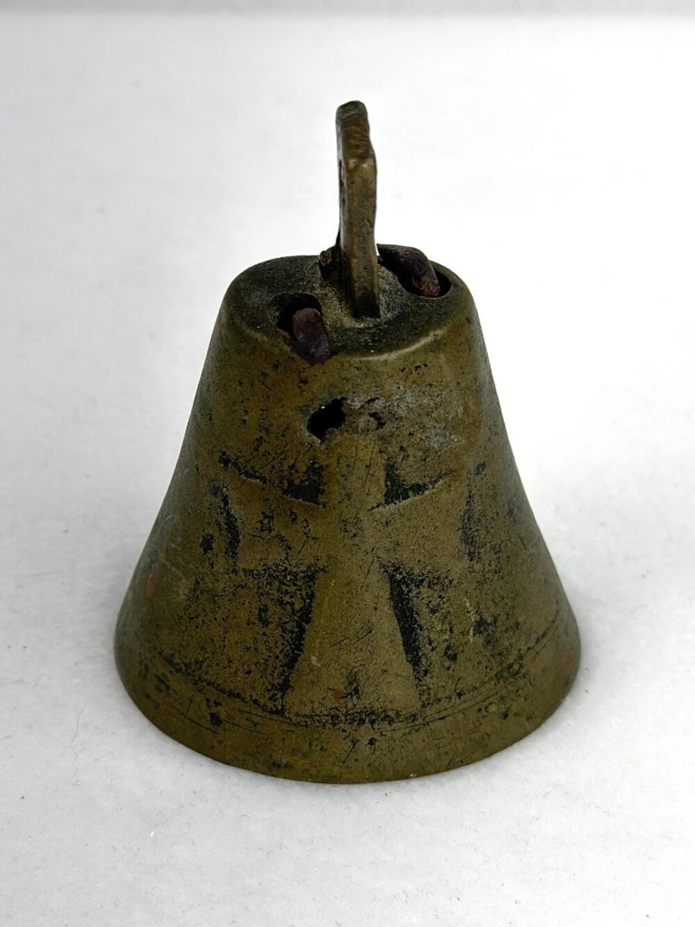 Antique Brass Livestock Bell Primitive Cow Goat Bell Cross Motif Clapper‎